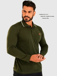 Men's Long Sleeve 100% Cotton Polo Shirt With Modern Design - 軍綠色 - 查看 5