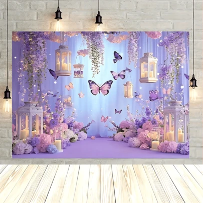 1 pieza Fondo plano 2D, elegante fondo de fiesta con mariposas, material de poliéster, fondo morado, fondo de fotografía rectangular, estilo bohemio, decorado con mariposas y flores moradas, adecuado para decoración de cumpleaños y bodas, decoración de sala de estar y dormitorio, decoración de oficina, uso en múltiples temporadas, regalo, accesorios de fotografía, disponible en varios tamaños