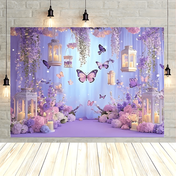 1 Pc, 2D Flat, Gorgeous Style Butterfly Party Backdrop, Polyester Material, Purple Background, Rectangular Photography Background, Bohemian Style, With Purple Butterflies And Flowers, Suitable For Birthday And Wedding Decoration, Living Room Bedroom Decoration, Office Decoration, Multi-Season Use, Gift Giving, Photo Booth Props, Multiple Size Options