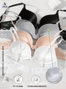 4pcs Women Solid Color Comfy Lift-Up Bras - Multicolor - View 1