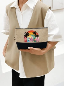 Set di borse da spiaggia per donne, borsa in tela per accessori da spiaggia, con cappello da spiaggia da donna a onde color kaki, borsa a tracolla, borsa a mano, borsa trucchi in lino, cappello da sole a tesa larga con protezione solare, cappello da viaggio da esterno a forma di fiocco