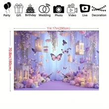 1 Pc, 2D Flat, Gorgeous Style Butterfly Party Backdrop, Polyester Material, Purple Background, Rectangular Photography Background, Bohemian Style, With Purple Butterflies And Flowers, Suitable For Birthday And Wedding Decoration, Living Room Bedroom Decoration, Office Decoration, Multi-Season Use, Gift Giving, Photo Booth Props, Multiple Size Options