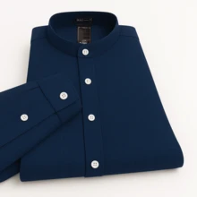 Men's Long Sleeve Dress Shirt With Priest Collar Slim Premium - 藏蓝色 - 查看 3