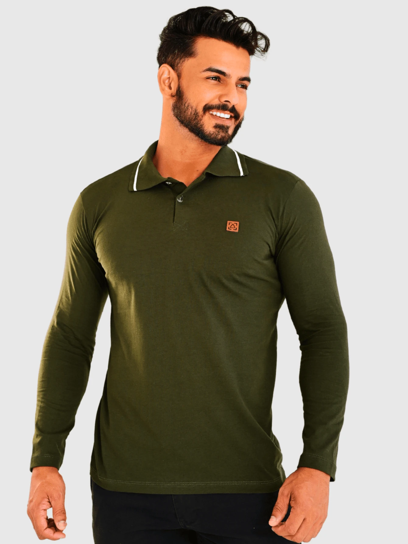 Men's Long Sleeve 100% Cotton Polo Shirt With Modern Design - 軍綠色 - 查看 1