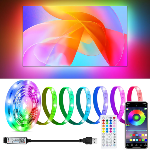 PSTAR USB Powered LED Strip Light With 44-Key IR Remote And Bluetooth App Control, Sensitive Microphone Music Syncing Color Changing, Dimmable & Multiple Modes, Self-Adhesive Back, Suitable For TV, Computer, Bedroom, Home Decor