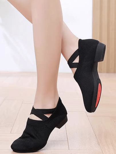 Damen Schwarze Tanzschuhe mit Elastikband, Outdoor-Mesh-Strick Tanzschuhe, 2 cm Absatz Jazz Tanzschuhe, Cheerleading Schuhe, Ballettschuhe, Yoga Übungsschuhe, Lehrer Schuhe, Figurtrainingsschuhe, Quadratische Tanzschuhe