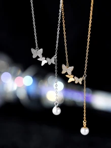 GAGAFEEL 1 pièce Collier avec pendentif en perle ronde, franges et papillon en argent sterling S925 avec zircone, chaîne ras-de-cou pour femmes, cadeau pour anniversaire