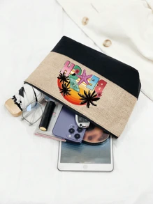 Set di borse da spiaggia per donne, borsa in tela per accessori da spiaggia, con cappello da spiaggia da donna a onde color kaki, borsa a tracolla, borsa a mano, borsa trucchi in lino, cappello da sole a tesa larga con protezione solare, cappello da viaggio da esterno a forma di fiocco