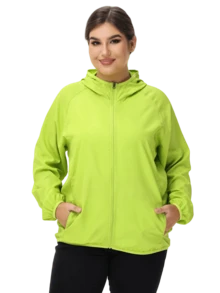 1 pezzo Giacca casual leggera da donna a tinta unita con maniche lunghe, giacca con cappuccio con zip, taglia comoda, abbigliamento sportivo da esterno per donna, giacca casual verde taglia comoda, top estivo - Verde - Visualizzare 9