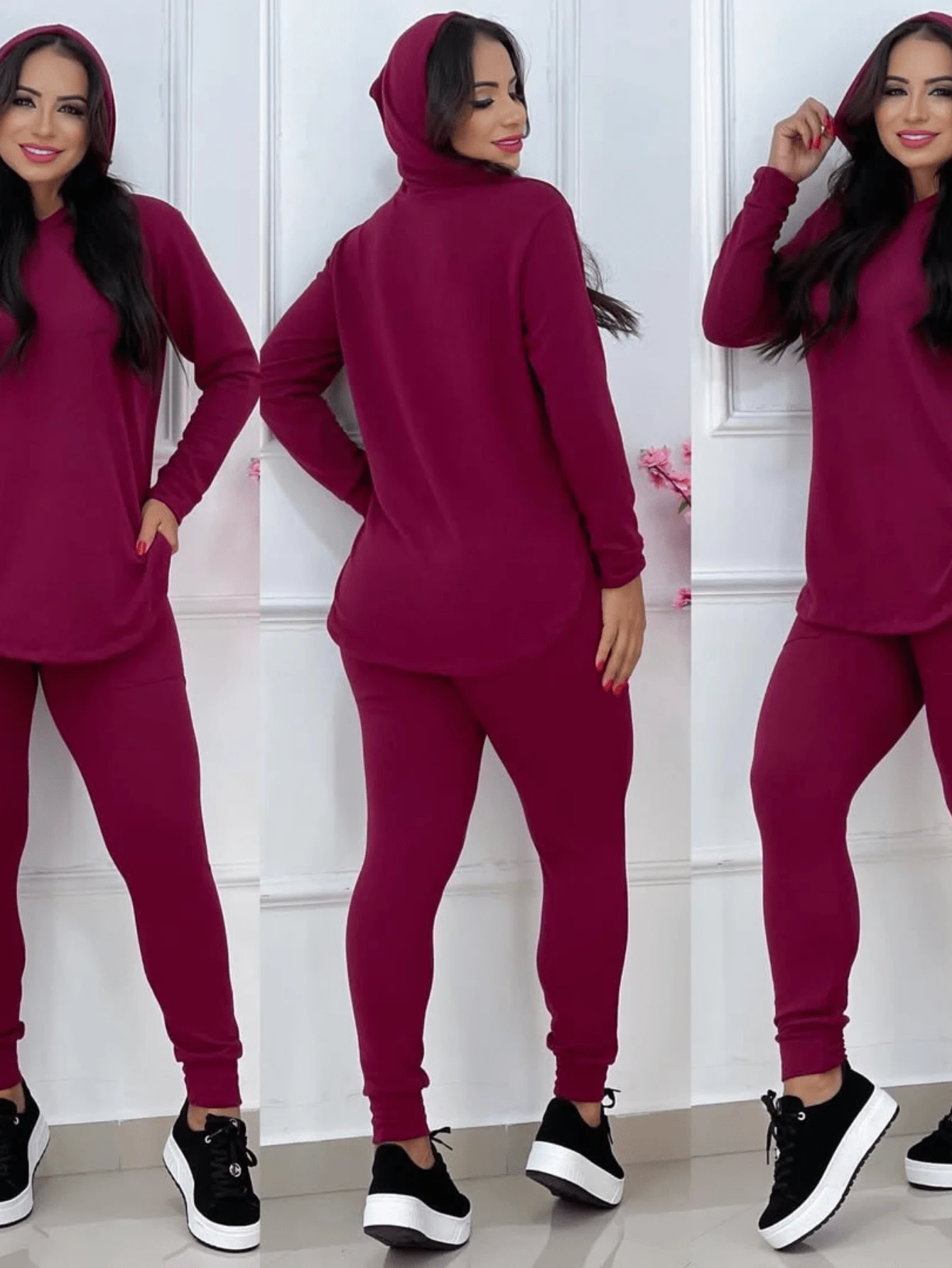 Women's Set Of Fleece Trousers And Blouse For Winter Fashion - 酒紅色 - 查看 1