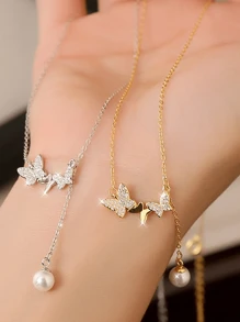 GAGAFEEL 1 pièce Collier avec pendentif en perle ronde, franges et papillon en argent sterling S925 avec zircone, chaîne ras-de-cou pour femmes, cadeau pour anniversaire