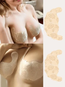 2 Pairs Women's Strapless Self-Adhesive Push-Up Bra With Invisible Drawstring, Sticky Gel U-Shaped Bra Pads And Large Size Underlay For Push- - Camel - View 5