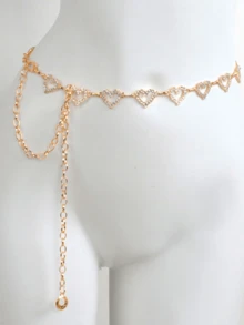 1pc Fashionable Heart Rhinestone Metallic Braided Waist Chain Belt, Suitable For Ladies Summer Dresses, Versatile - Gold - View 2