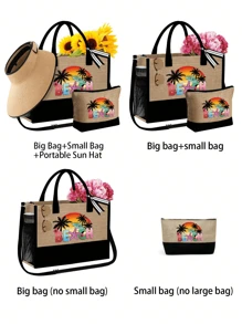 Set di borse da spiaggia per donne, borsa in tela per accessori da spiaggia, con cappello da spiaggia da donna a onde color kaki, borsa a tracolla, borsa a mano, borsa trucchi in lino, cappello da sole a tesa larga con protezione solare, cappello da viaggio da esterno a forma di fiocco