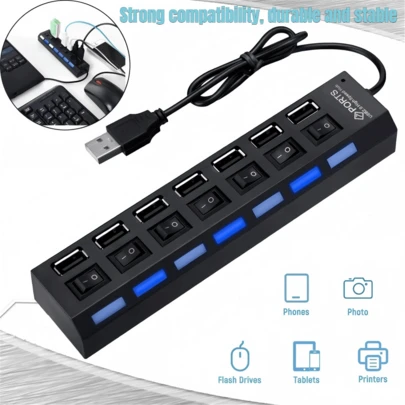 1 个 7 端口/4 端口 USB 2.0 集线器适配器、带 LED 灯的 USB 充电器、独立电源开/关开关、USB 底座、电源适配器、5V 1A USB 充电站，适用于电脑、平板电脑、笔记本电脑