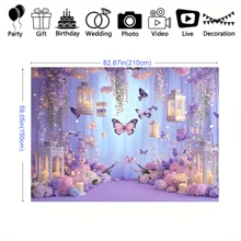 1 Pc, 2D Flat, Gorgeous Style Butterfly Party Backdrop, Polyester Material, Purple Background, Rectangular Photography Background, Bohemian Style, With Purple Butterflies And Flowers, Suitable For Birthday And Wedding Decoration, Living Room Bedroom Decoration, Office Decoration, Multi-Season Use, Gift Giving, Photo Booth Props, Multiple Size Options