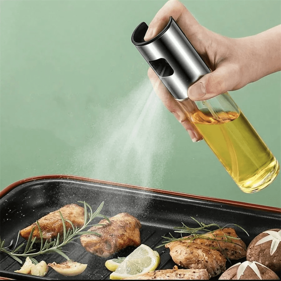 Stainless Steel & Glass Oil Sprayer Bottle 100ml, Kitchen Oil Dispenser For Air Fryer, BBQ, Baking, Even Spraying, Low Fat & Less Oil, Convenient & Practical, Easy To Clean