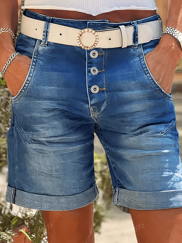 Damen einfarbige Denim-Shorts mit aufgerolltem Saum, elastischem Bund und Knopfverschluss, Länge 5 Zoll