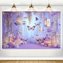 1 Pc, 2D Flat, Gorgeous Style Butterfly Party Backdrop, Polyester Material, Purple Background, Rectangular Photography Background, Bohemian Style, With Purple Butterflies And Flowers, Suitable For Birthday And Wedding Decoration, Living Room Bedroom Decoration, Office Decoration, Multi-Season Use, Gift Giving, Photo Booth Props, Multiple Size Options