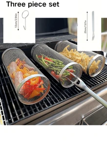 3 PiecesDeluxe Rolling Grill Basket - Large Stainless Steel Wire Mesh Cylindrical Grill Rack, Portable Outdoor Camping Grill Mesh Tube - Perfect Cookware Grilling Tools Accessories For Picnics And Outdoors