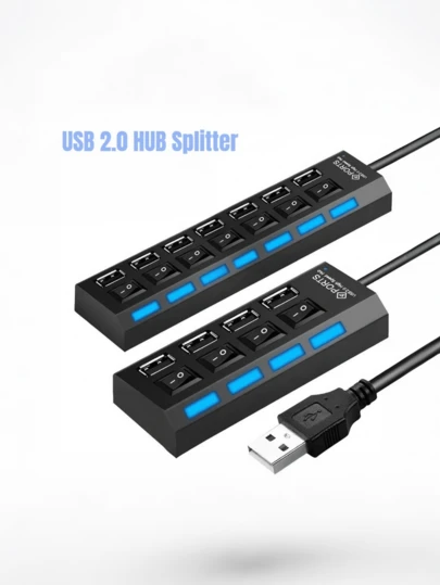 1 个 7 端口/4 端口 USB 2.0 集线器适配器、带 LED 灯的 USB 充电器、独立电源开/关开关、USB 底座、电源适配器、5V 1A USB 充电站，适用于电脑、平板电脑、笔记本电脑