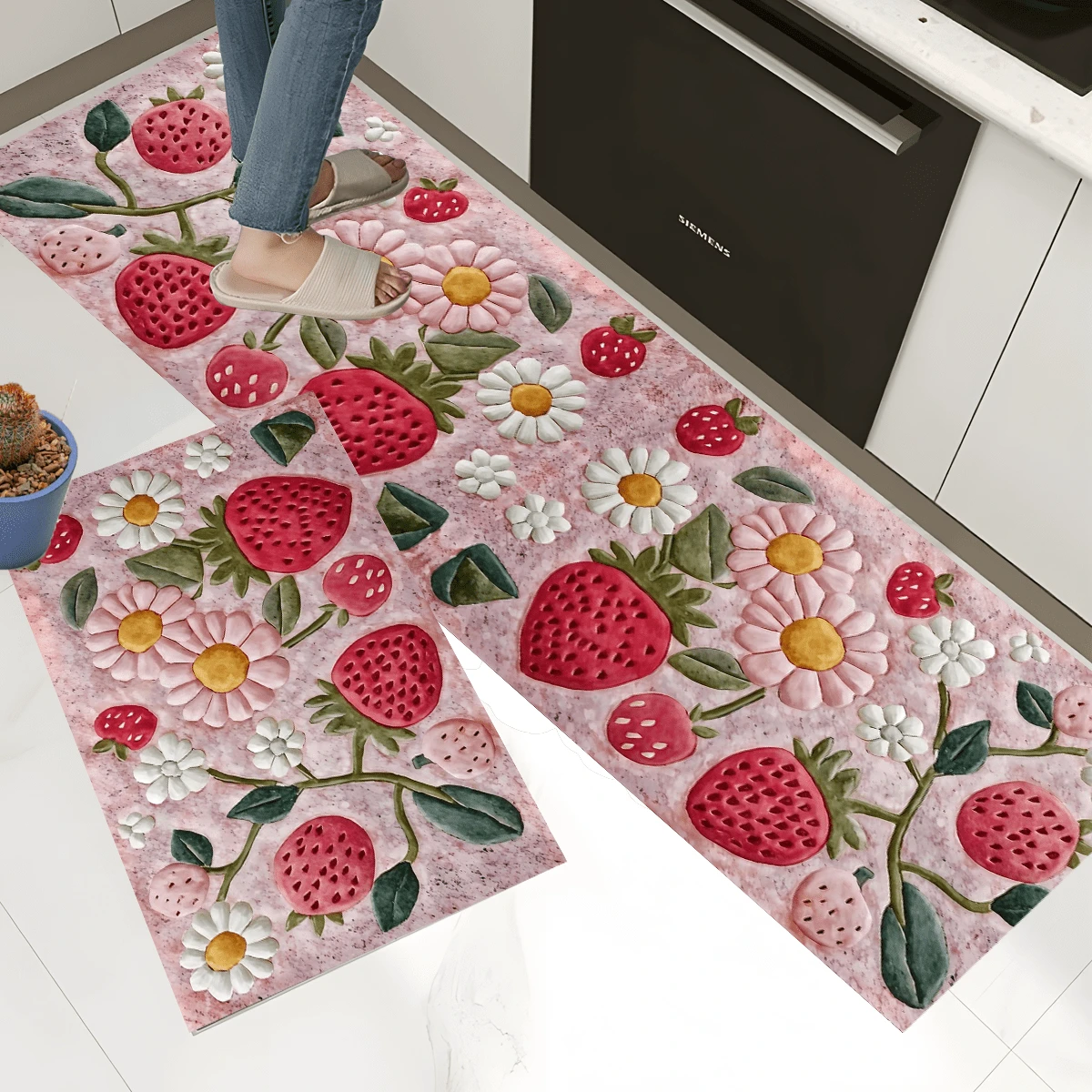 1pc, Home Decor, Fluffy Strawberry Abstract Pattern Printed, Anti-Slip Diatomite Kitchen Mat, Rug, Floor Mat, 3D Printed Rectangle, Suitable For Living Room, Bedroom, Hallway, Bathroom, Laundry Room - Polyester Carpet, Indoor/Outdoor Decoration