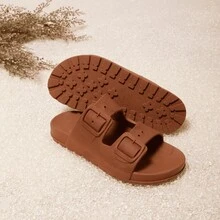 Sandália Feminina Birken Papete Versátil Slide Chinelo Ortopédica Confortável Ejetado Duas Fivelas Babuche Premium - Marrom - Visão 2