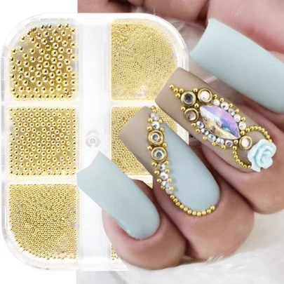 6颗混合尺寸金色不锈钢金属珠，3D迷你鱼子酱球银色吊坠，仿珍珠美甲装饰美甲用品