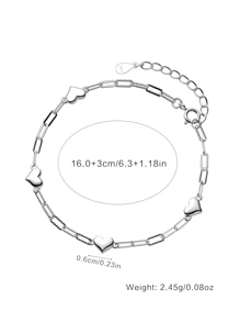 1pc S925 Sterling Silver Simple Solid Heart Adjustable Bracelet, Hypoallergenic Jewelry Gift For Women, Birthday, Anniversary, Valentine's Day Valentines