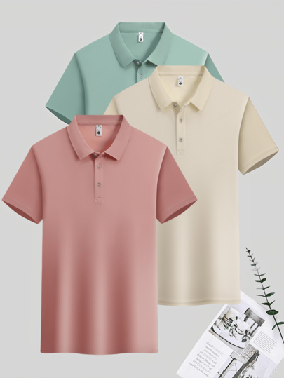 3pcs/Set Men's Fashionable & Versatile Summer Polo Shirt, Breathable Comfortable Short Sleeve Top, Casual Business Polo, Outdoor Sports Moisture-Wicking T-Shirt,Sports&Outdoor-Tennis&Golf