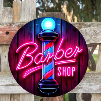 Letrero de barbería de 7.129" de diámetro, no iluminado, con grabado de lámina multicolor, regalo ideal para amigos y familiares, decoración de cartel de hojalata con estilo, accesorio de corona para el hogar, bar, garaje, cafetería, oficina, jardín, perfecto para la decoración de la habitación