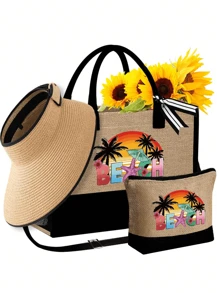 Set di borse da spiaggia per donne, borsa in tela per accessori da spiaggia, con cappello da spiaggia da donna a onde color kaki, borsa a tracolla, borsa a mano, borsa trucchi in lino, cappello da sole a tesa larga con protezione solare, cappello da viaggio da esterno a forma di fiocco