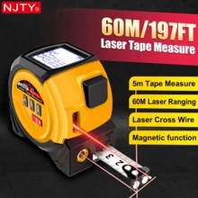 NJTY 1pc 3-In-1 Retractable Tape Measure With Laser Level, 5m/16ft Tape Measure + 40m/60m Laser Distance Meter, With Belt Clip And Magnetic Function, Auto Lock, Laser Measure Unit In M/In/Ft/Ft+In, LCD Display, Pythagorean Theorem, Area & Volume Measurement, Suitable For Construction, DIY, Woodworking, Etc.