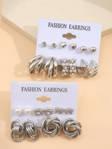 22pcs Fashion Metal Earrings Set, Vintage Style Jewelry, Inlaid With Artificial Pearls, Suitable For Daily Wear Or Various Occasions - Silver - View 3