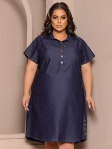 Taue Jeans Women's Plus Size Denim Chemise Dress Short Sleeve Midi Casual Without Lycra Fashion Larger - Quần Jeans Tối Màu - Xem 1