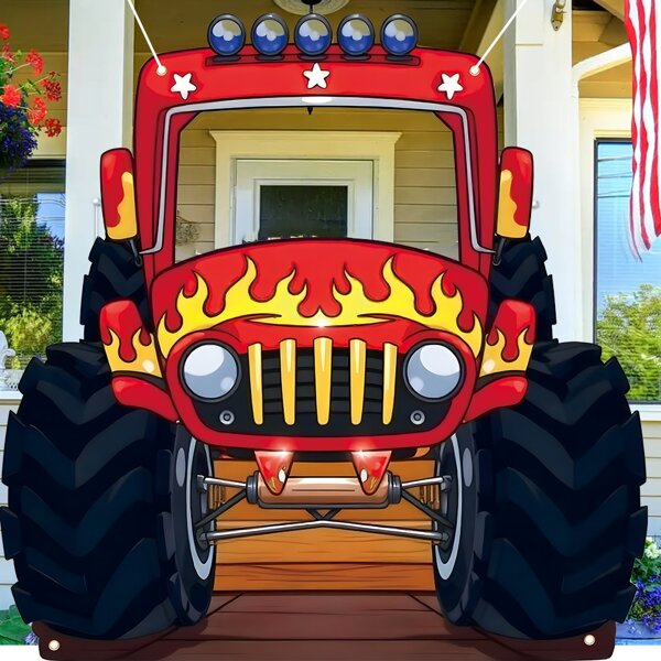 1pc Monster Truck Photo Booth Prop Alien Flag, 59"X59" Polyester Banner, Red Truck Party Supplies Large Monster Photo Backdrop Party Game Banner, Happy Birthday Celebration Decoration Birthday Decorations Tapestry Room Decor Party Decorations