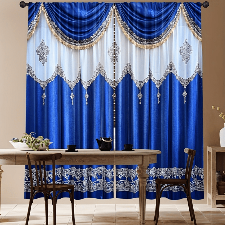 2 luxe witte en blauwe gordijnen, polyester roedezakontwerp, eenvoudig op te hangen, lichtfilterend voor woon- en slaapkamerdecoratie (exclusief roedes), slaapkamergordijnen | Koninklijke uitstraling | Jacquard geweven