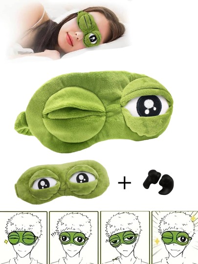 3D 悲伤青蛙睡眠面罩天然睡眠眼罩有降噪耳塞和眼部冰袋可供选择，遮光眼罩女士男士柔软便携式眼罩旅行眼罩 - 绿色表情青蛙眼罩，睡眠眼罩，超柔软睡眠眼罩，适合办公室午睡、飞机和旅行。