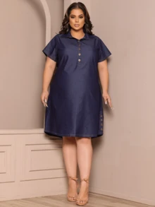 Taue Jeans Women's Plus Size Denim Chemise Dress Short Sleeve Midi Casual Without Lycra Fashion Larger - Quần Jeans Tối Màu - Xem 3