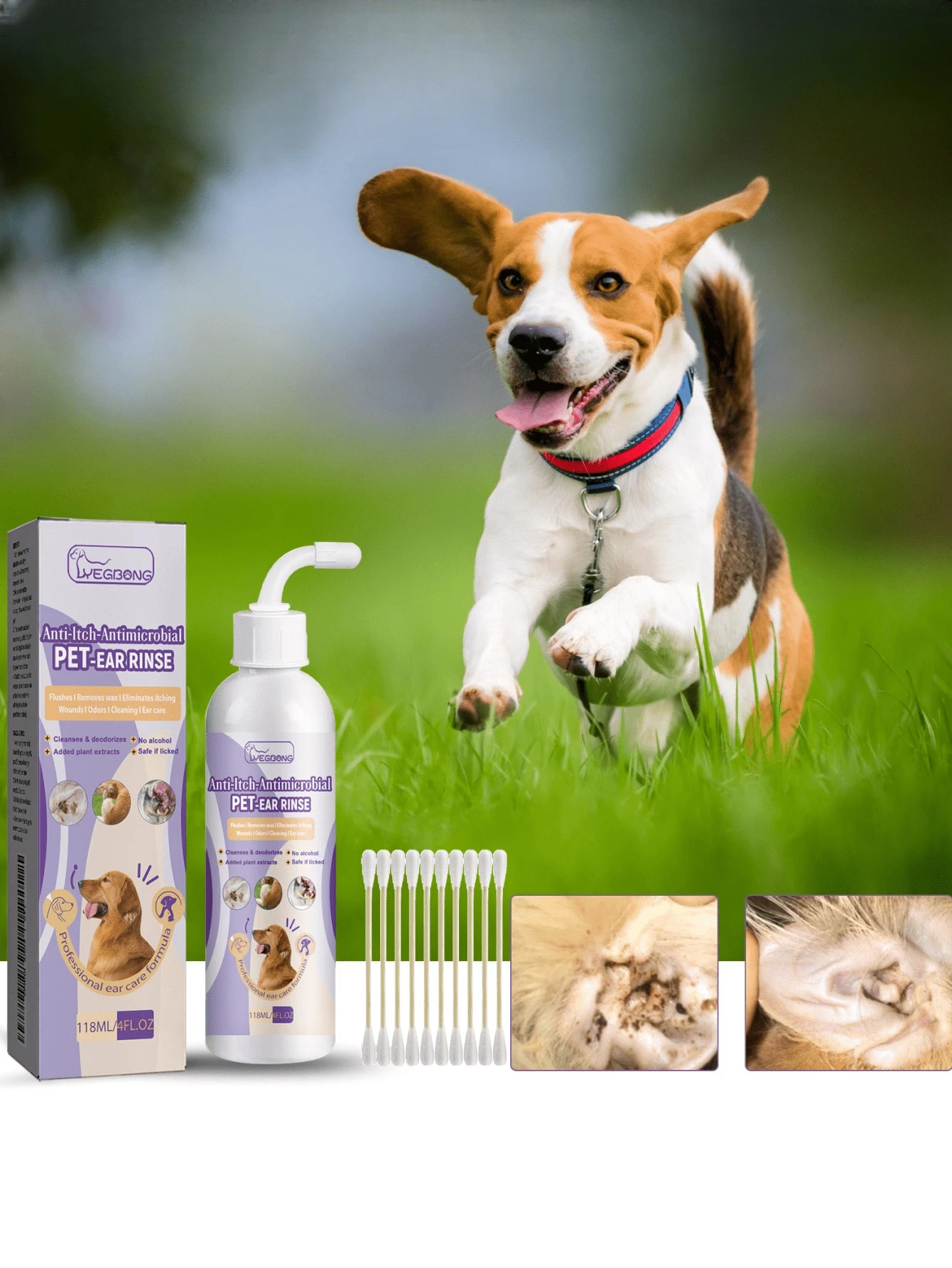 宠物耳部清洁液，适用于猫狗，可缓解耳道异味，清洁耳垢并洗耳