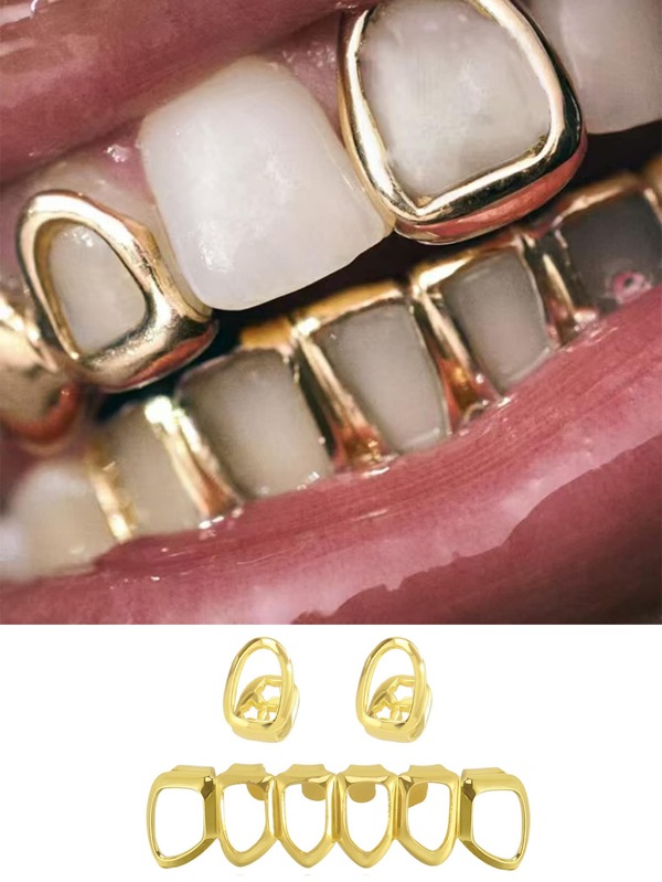 1Set Women's Hollow Single Tooth & Full Hollow Six Teeth Grillz, Hip Hop Teeth Jewelry, Fashion Accessory, Party/Festival Decoration, Comes With Mouthpiece