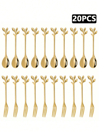 20pcs/12pcs/6pcs Golden Leaf Design Stainless Steel Mini Forks And Coffee Spoons, For Appetizers, Desserts, And Stirring, Suitable For Home, Kitchen And Restaurant,Kitchen,Christmas Gift