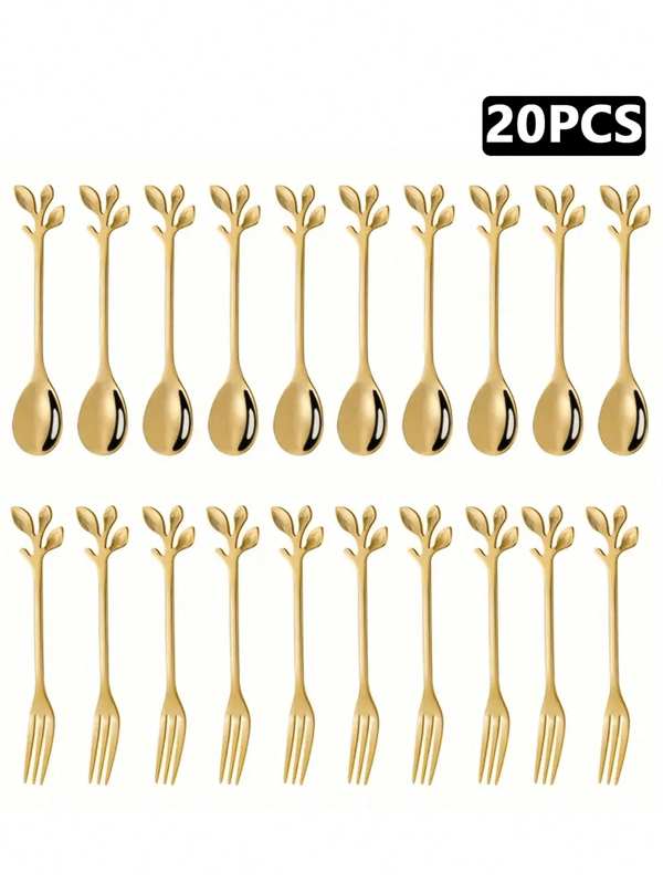 20 piezas/12 piezas/6 piezas Tenedores y cucharillas de café mini de acero inoxidable con diseño de hoja dorada, para aperitivos, postres y revolver, adecuados para el hogar, la cocina y el restaurante, regalo de Navidad