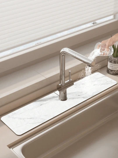 1pc White Marble Design Printed Water Faucet Rubber Absorbent Anti-Slip Mat, Quick Dry Pad, Waterproof Bottom, Ideal For Bathroom, Kitchen, Office, Restaurant, Farm, Home Decoration