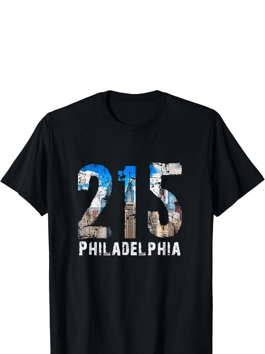 Philadelphia 215 Skyline Area Code Men's Cotton T-Shirt – Soft, Breathable, Casual Crew Neck Tee With Artistic Print – Perfect For Summer, Winter, Sports, And Gifts – Plus Size, L-5XL, Gift Tshirt| Artistic Print Tee| Plus Size Clothing, PLUS SIZE - màu đen - Xem 1