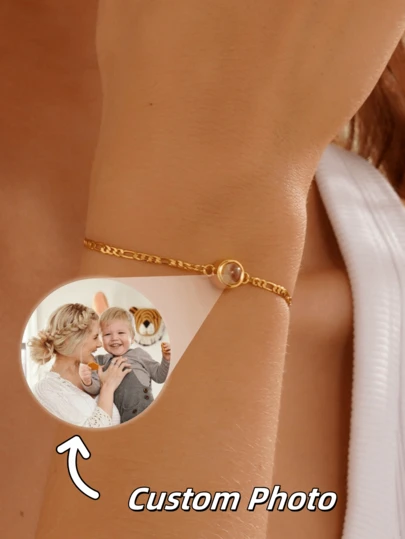 1pc Customized Colorful Photo Figaro Chain Projection Bracelet, Stainless Steel Figaro Chain Photo Projection Choker Bracelet For Women, Memorial Photo Bracelet, Valentine's Day Customized Gift, Bridesmaid, Picture Bracelets, Photo Bracelets, Gifts For New Mums, Personalised Gifts, Gifts For Mum, Gifts For Girlfriend, Picture Gift For Her, Minimalist Bracelets, Pet Bracelet, BFF Gift, Birthday Gift, Wedding Gifts, Bracelets For Women