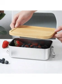 New 304 Stainless Steel Bamboo Lid Bento Lunch Box, Japanese Style Rectangular Outdoor Food Container, Airtight Wood Cover, Camping Cooking, Vintage Retro Picnic Lunch Box