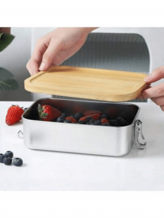 新款 304 不锈钢竹盖便当盒，日式长方形户外食品容器，密封木盖，露营烹饪，复古野餐午餐盒