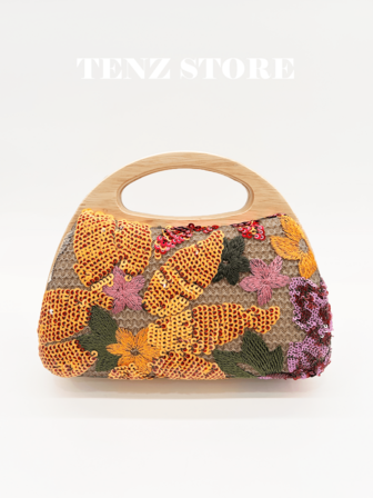 1 Stück Tasche mit zufälliger Musterung aus Korbgeflecht, leidenschaftlich orangefarbene Kunststoff-Pailletten-Tasche mit farbigem floralen Stickerei-Muster und Holzgriff, modischer funkelnder Sommerurlaubs-Stil Tasche für Lässig, Urlaubsparty/-urlaub, passend für jeden Stil, geeignet für Strandmode, Urlaubsromantik, Sommer-Vibes