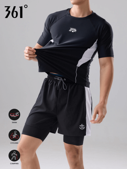 361degree Set casual sportivo da uomo 361°, composto da 1 t-shirt a maniche corte e 1 paio di pantaloncini con fodera per evitare imbarazzi. Realizzato in tessuto elastico e ad asciugatura rapida, confortevole e non soffocante, non sbiadisce. Adatto per nuoto, surf, rafting, pallanuoto, beach volley, sport all'aperto e acquatici